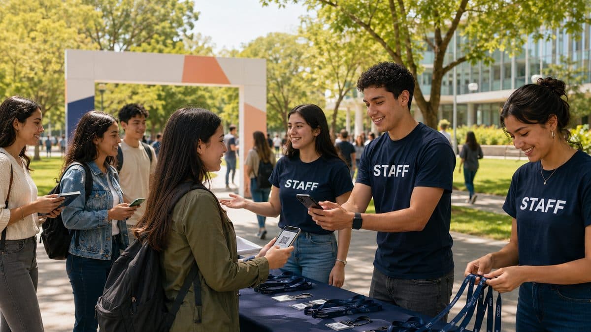 Equipo con poleras de staff registrando la entrada: una asistente muestra el código QR en su teléfono.
